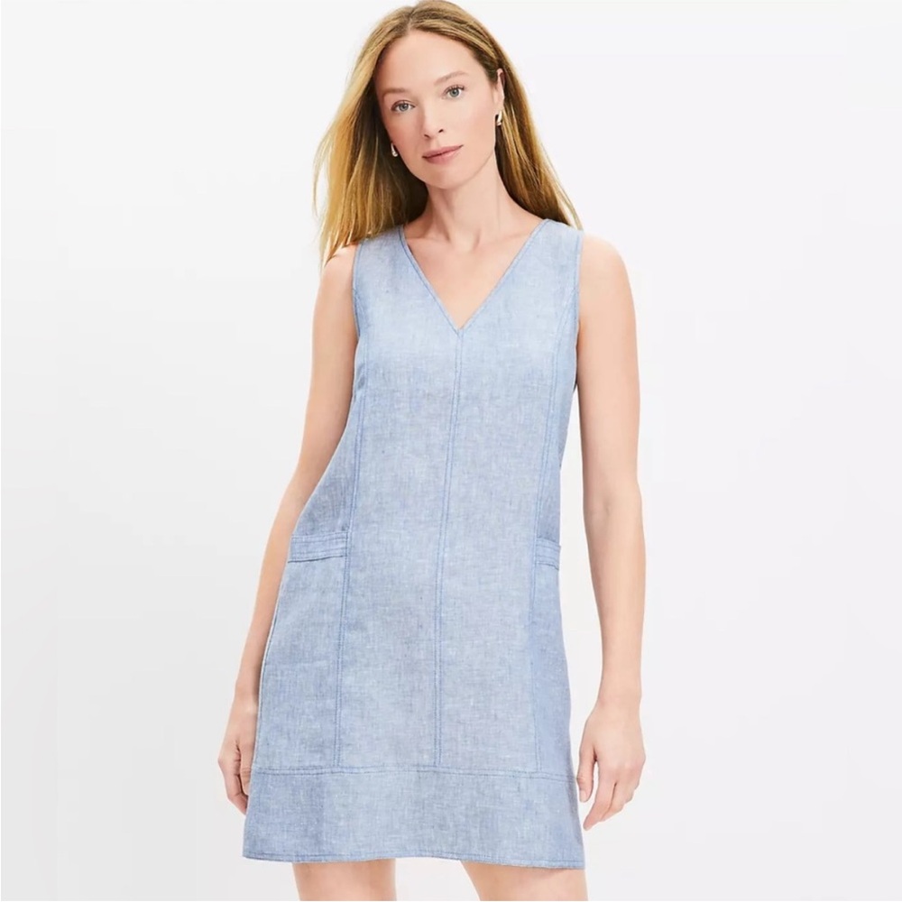 Loft Denim Look 100% Linen Sleeveless V-Neck Relaxed Fix Preppy  Dress Size 14